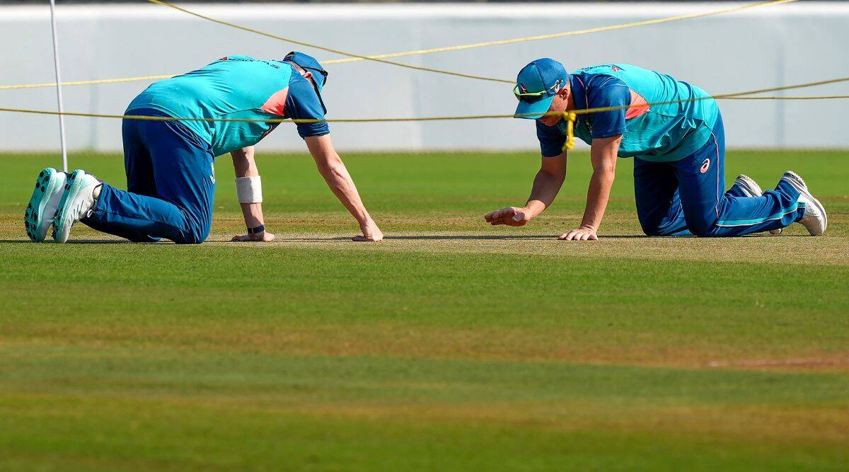 Australian players and coach checking the Nagpur pitch before the Test | AP