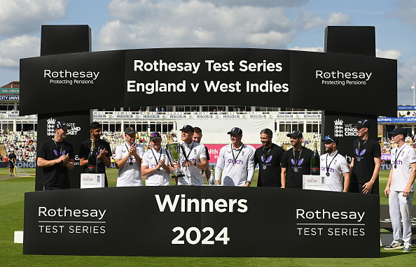 England players posing with the trophy after 3-0 Test series win over the West Indies | Getty