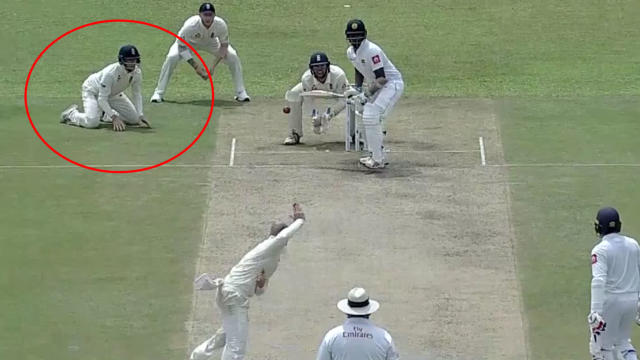 Joe Root on his knees at slips during 1st Test vs SL in 2021 | Twitter