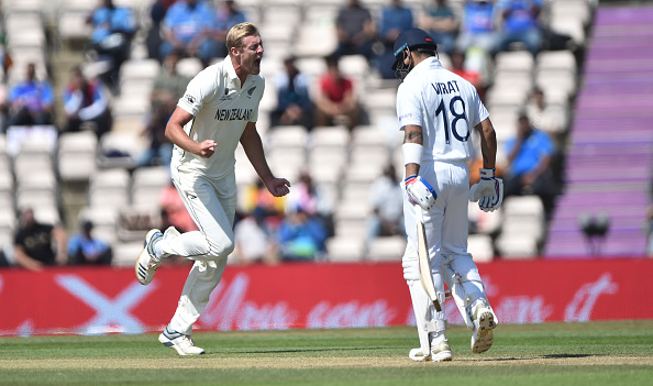 Kyle Jamieson celebrates Virat Kohli's wicket | Getty