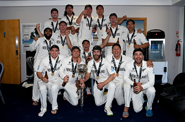 New Zealand players celebrate in the dressing rooms after winning the WTC final | Getty