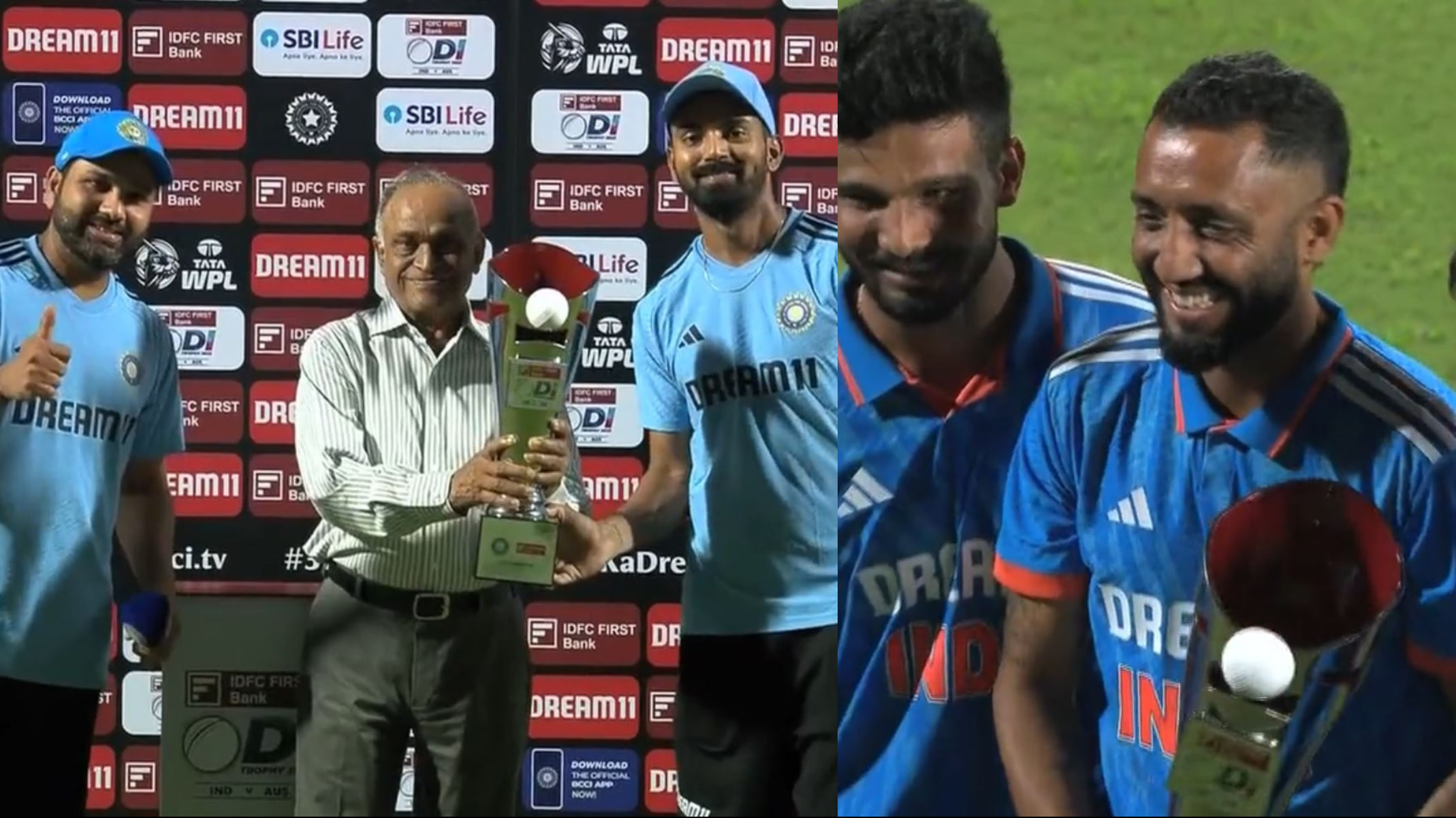 IND v AUS 2023: WATCH- Rohit Sharma calls KL Rahul to collect trophy; Rahul hands it over to Saurashtra players for photos