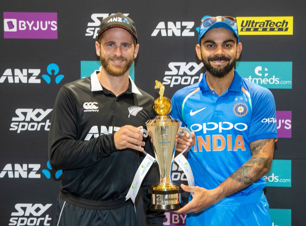 Kane Williamson and Virat Kohli poses with the trophy ahead of ODI series | BCCI Twitter