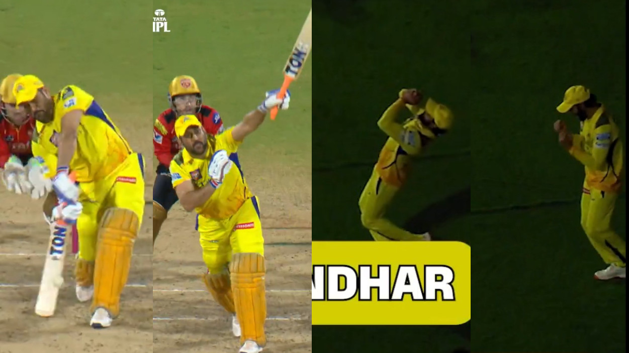 IPL 2025: WATCH- MS Dhoni’s huge one-handed six; Ravindra Jadeja celebrates after taking the catch near dugout