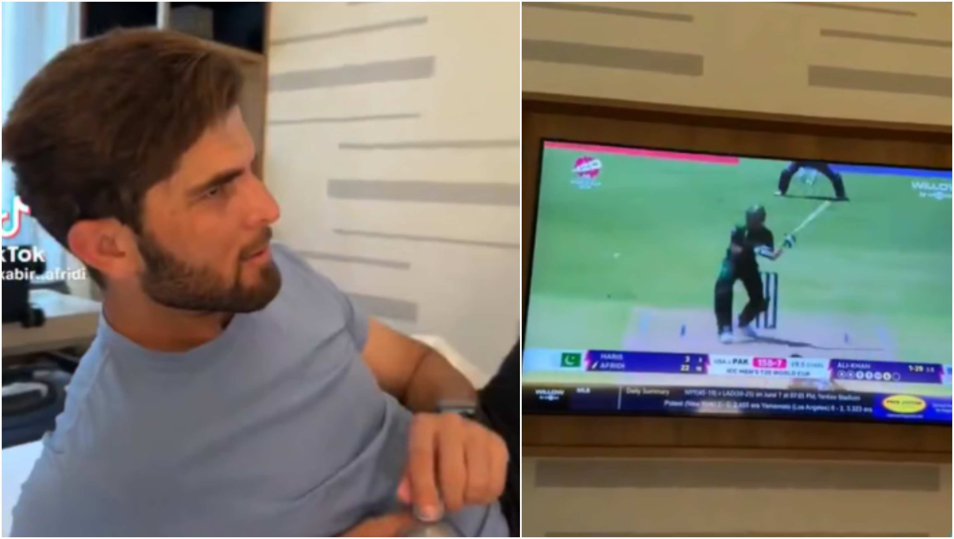 Shaheen Afridi enjoying his batting highlights from the Pakistan versus USA match | Screengrab