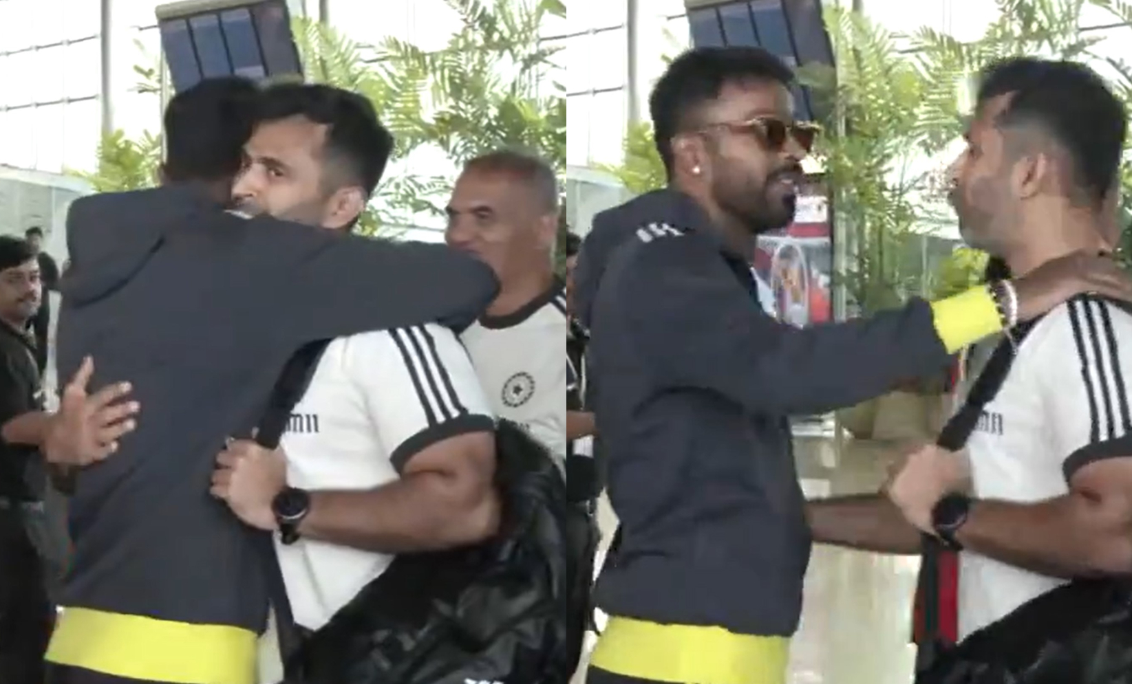 Hardik Pandya seen hugging Abhishek Nayar at airport| ANI X