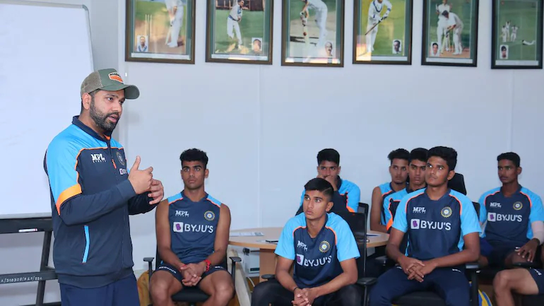 Rohit Sharma giving a pep talk to the India U19 players at the NCA in Bangalore | BCCI