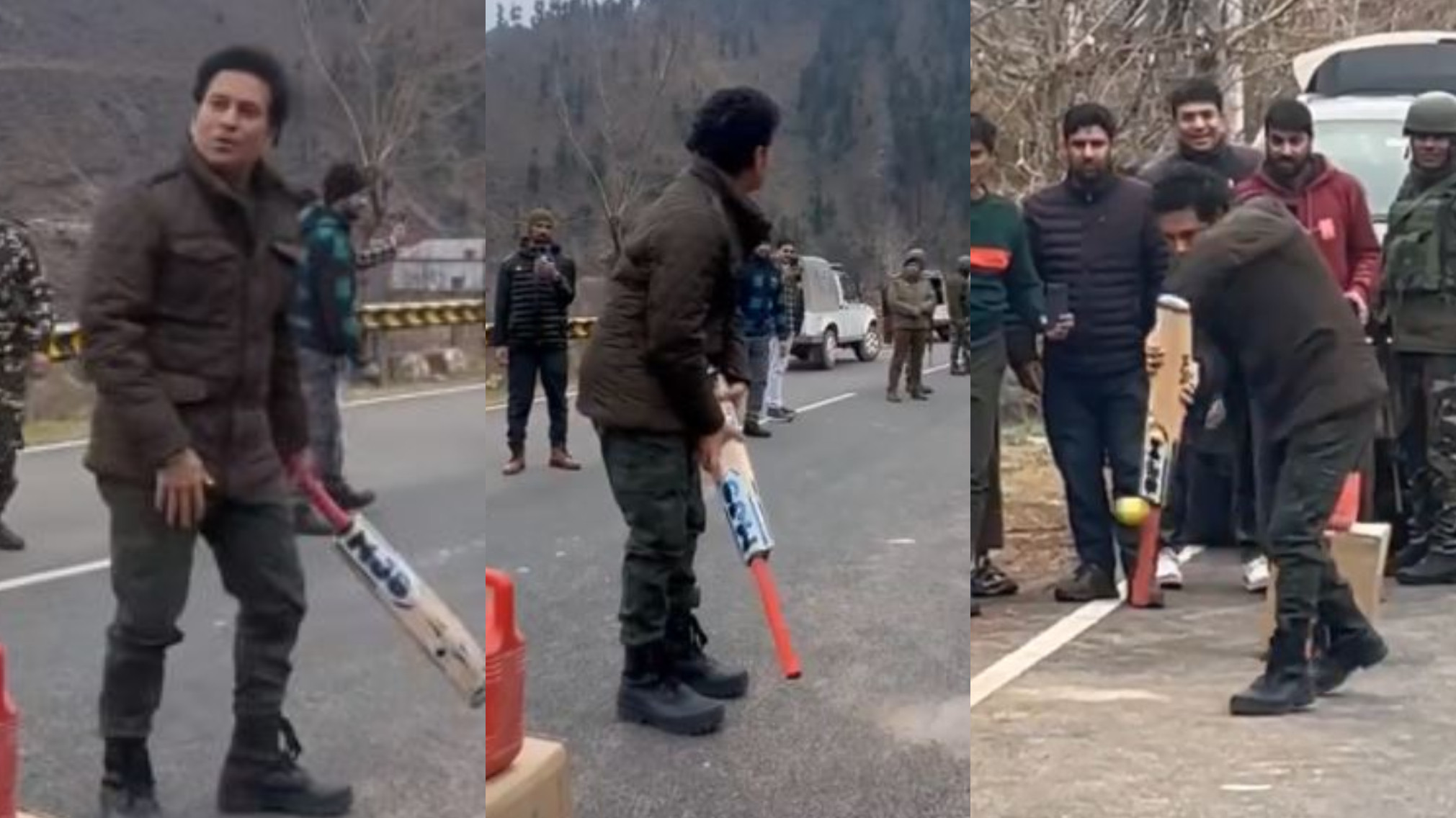 WATCH- Sachin Tendulkar plays street cricket in Gulmarg; hits perfect drive with handle of the bat