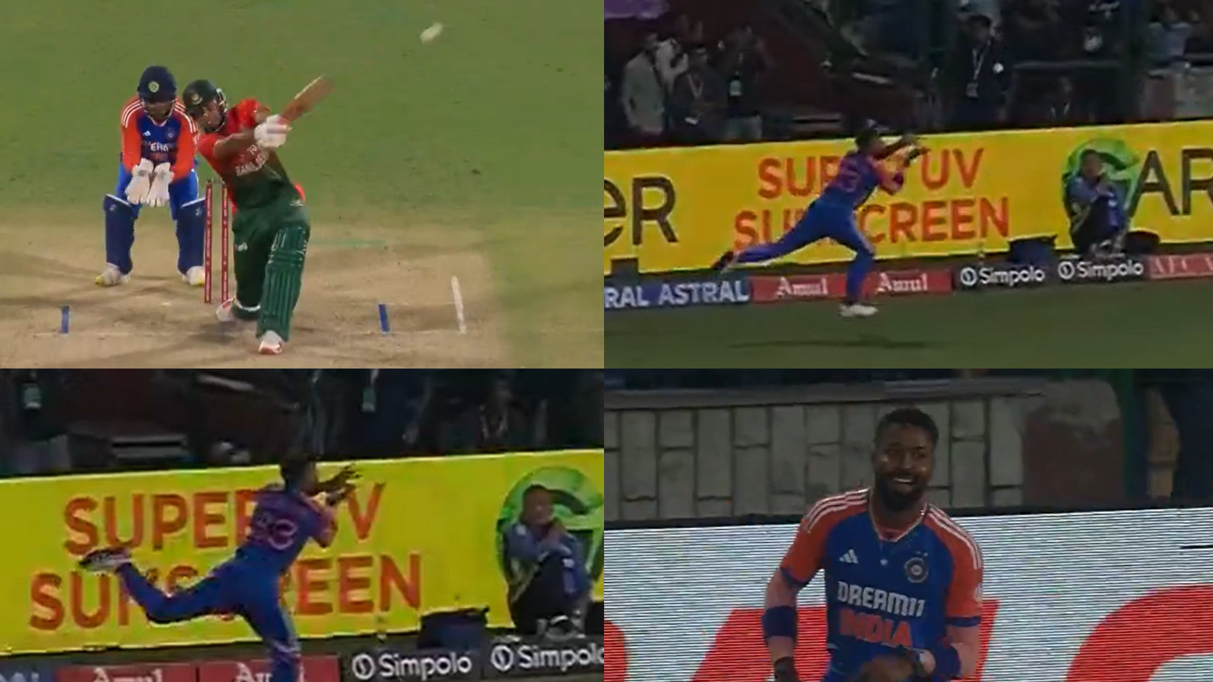 IND v BAN 2024: WATCH- Hardik Pandya takes a blinder of one-handed catch at boundary in 2nd T20I in Delhi