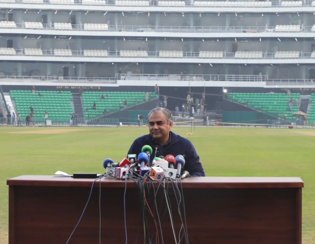 Mohsin Naqvi at Lahore Stadium during a press meet | PCB X