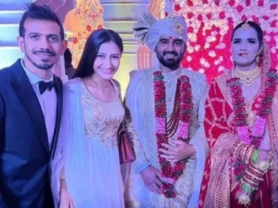 Yuzvendra Chahal and wife Dhanashree Verma with newly married Rahul Tewatia | Twitter