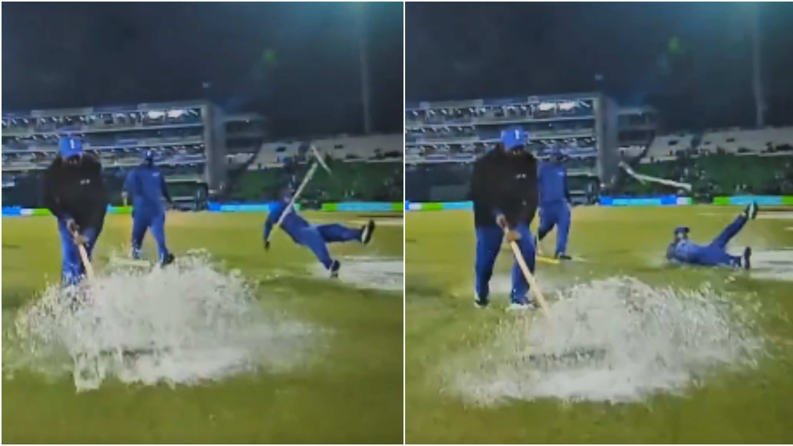 CT 2025: WATCH - Pakistani groundstaff slips and falls while trying to flush out water from covers during AUS vs AFG match