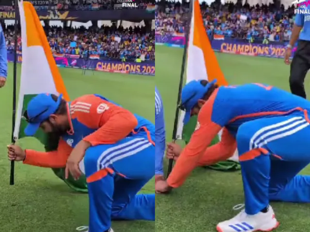 Rohit Sharma planting the Indian flag in Barbados ground after T20 WC win | X 