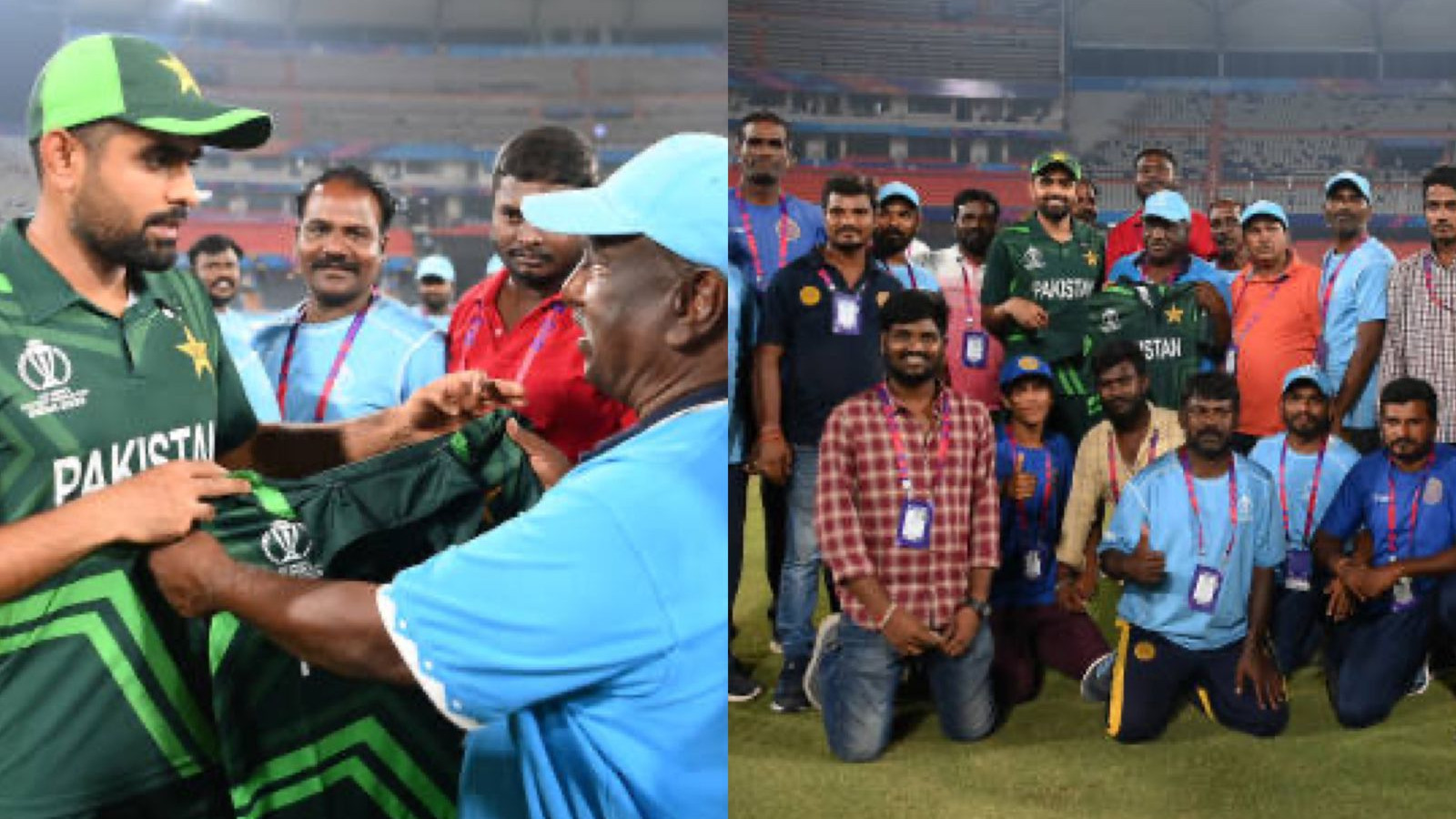 CWC 2023: WATCH - Babar Azam gifts a Pakistan jersey and poses for pictures with Hyderabad groundstaff