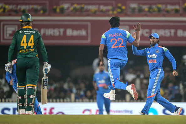 Tilak Varma celebrates the wicket of a South Africa batter with Nitish Rana during Ranchi ODI | Getty