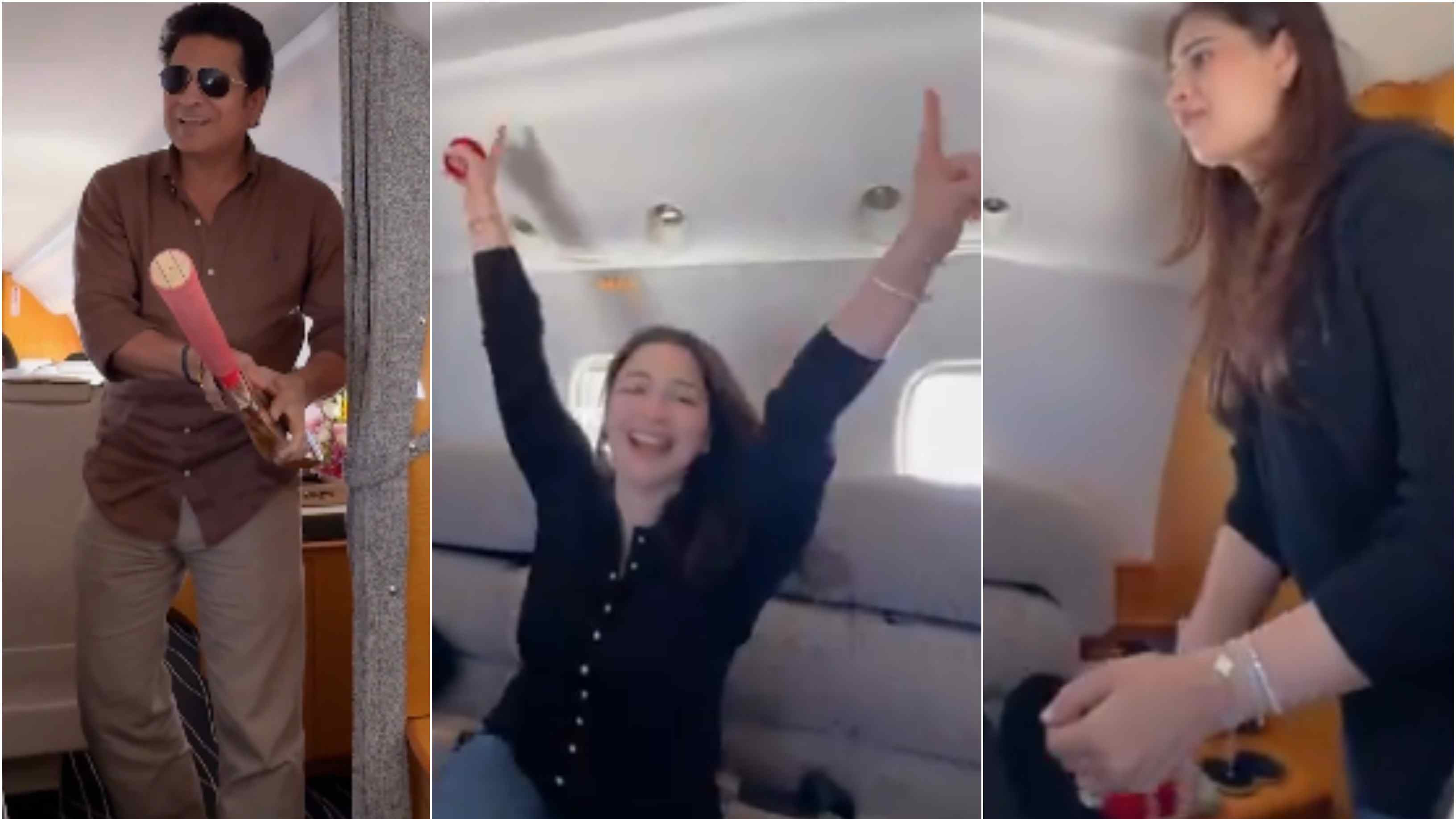 WATCH: Sachin Tendulkar turns airplane cabin into mini cricket ground; plays fun-filled match with his daughter, daughter-in-law