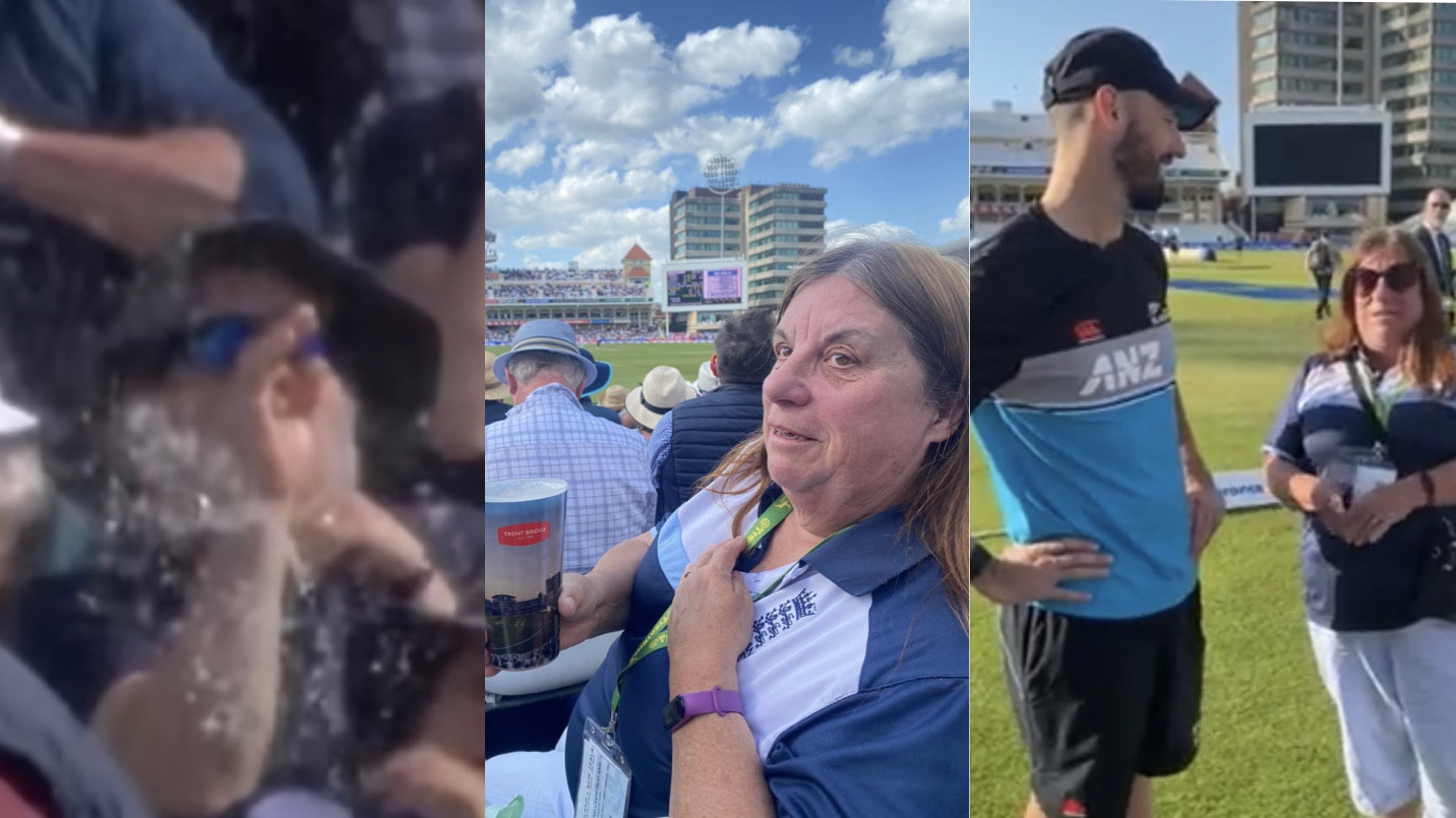 ENG v NZ 2022: WATCH - Daryl Mitchell's six lands in fan's beer; Kiwis give her replacement pint, the batter apologises 