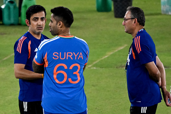 Suryakumar Yadav with Gautam Gambhir and Ajit Agarkar | Getty
