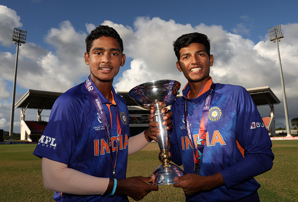 India vice-captain Shaikh Rasheed and captain Yash Dhull with the U19 World Cup trophy | Getty