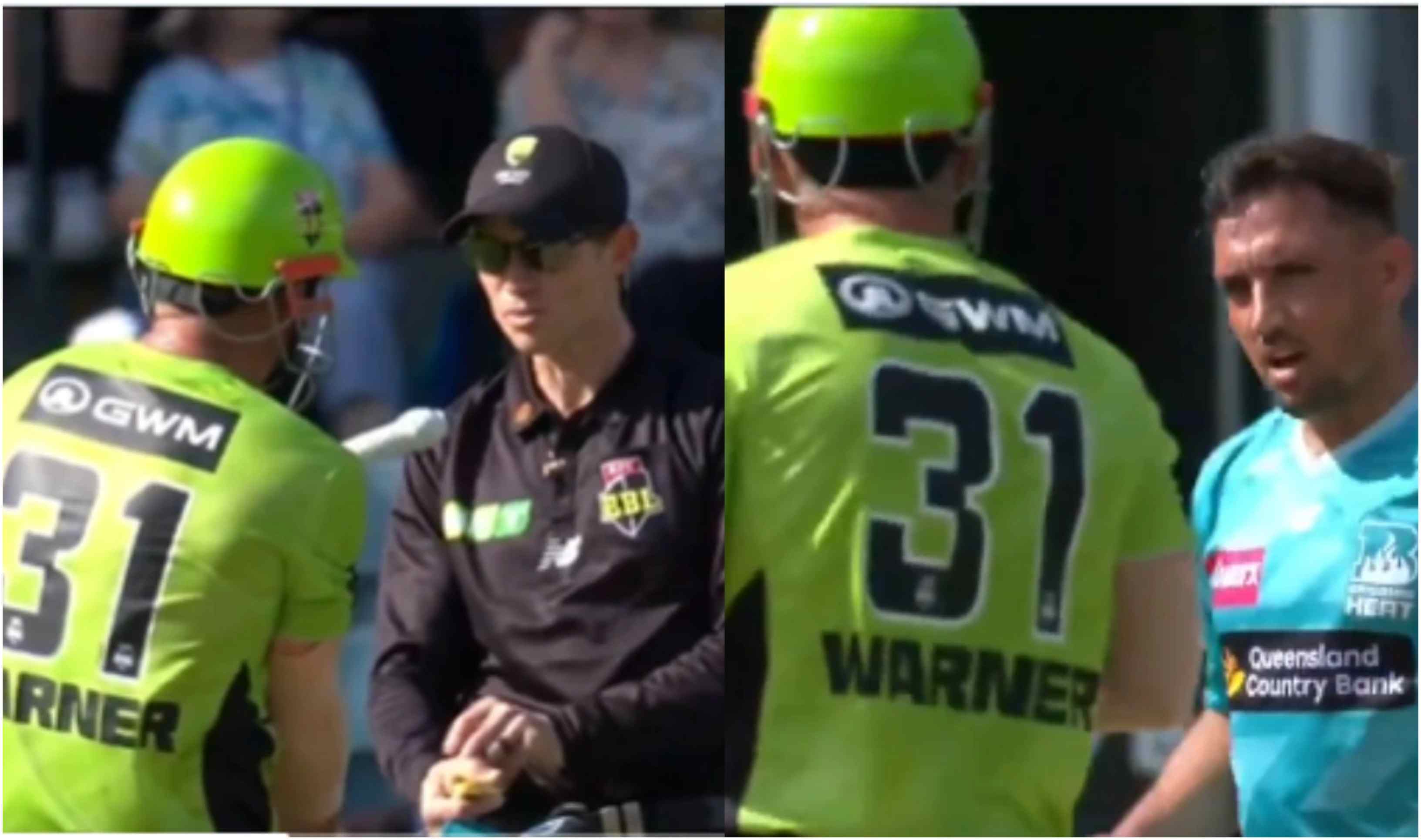 David Warner approached the umpires to talk about Zaman Khan's bowling action | X