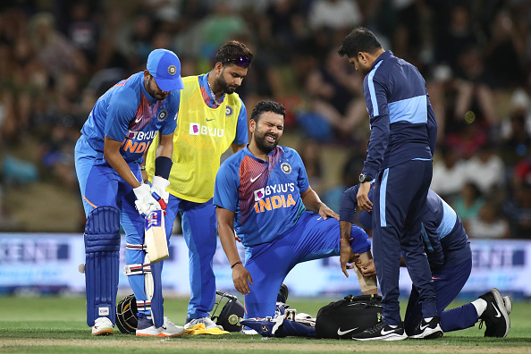 Rohit Sharma being examined by the physio during the fifth T20I | Getty