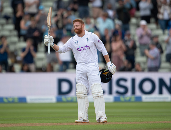 Jonny Bairstow raises his bat to celebrate his 6th ton this year on the last day of the 5th Test | Getty