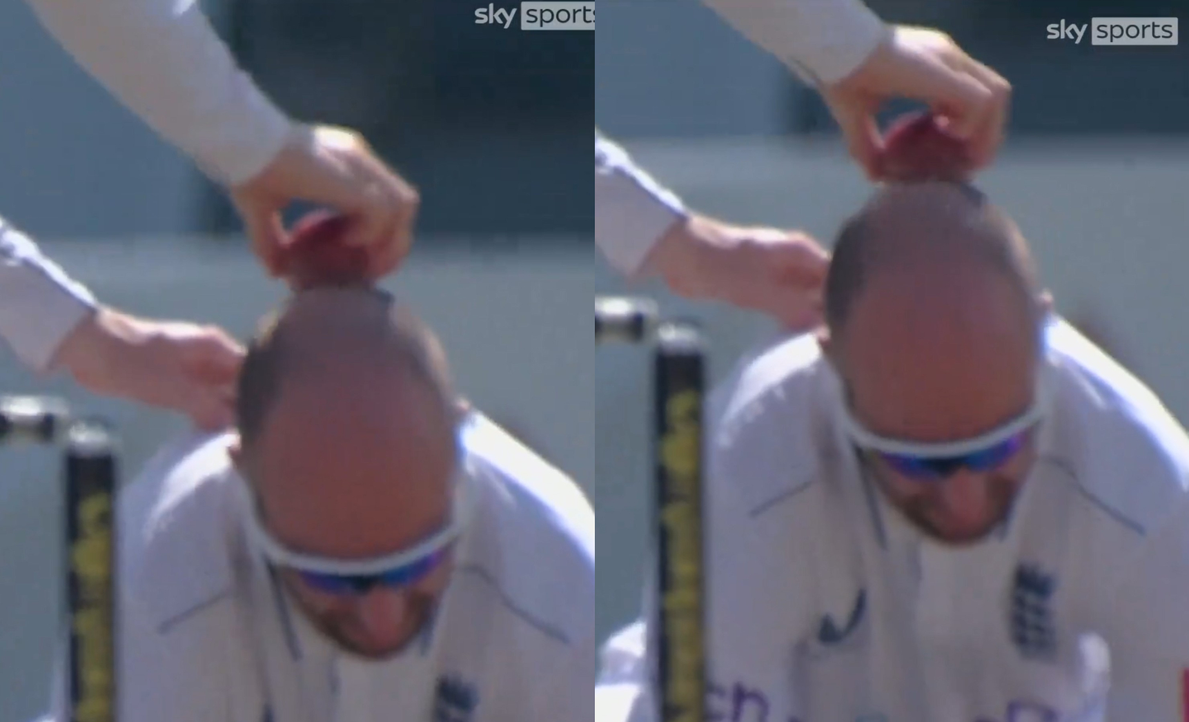 Jack Leach's head used by Root to shine the ball | X