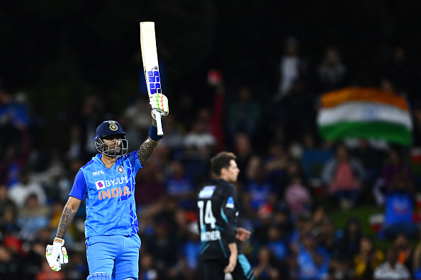 Suryakumar Yadav celebrates his century against New Zealand | Getty Images