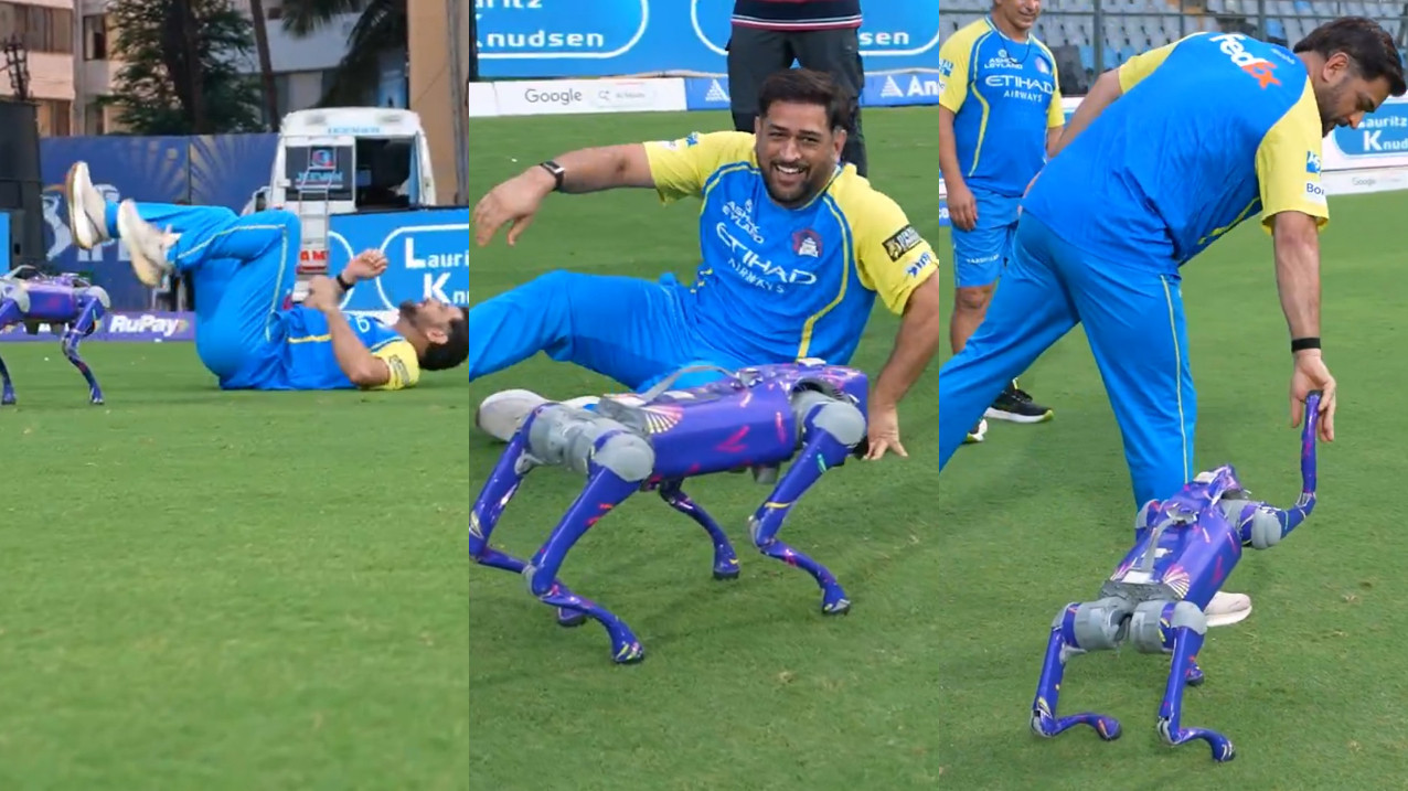 IPL 2026: WATCH- “Pookie” MS Dhoni plays with robo-dog Champak ahead of MI v CSK tie
