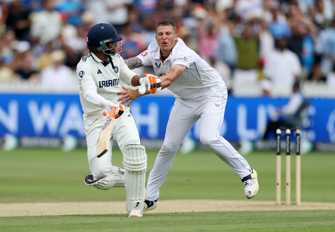 Ravindra Jadeja and Brydon Carse collide | Getty