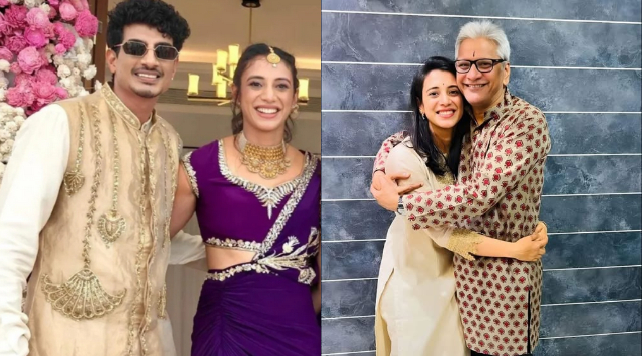 Smriti Mandhana with Palash Muchhal and her father Srinivas | X