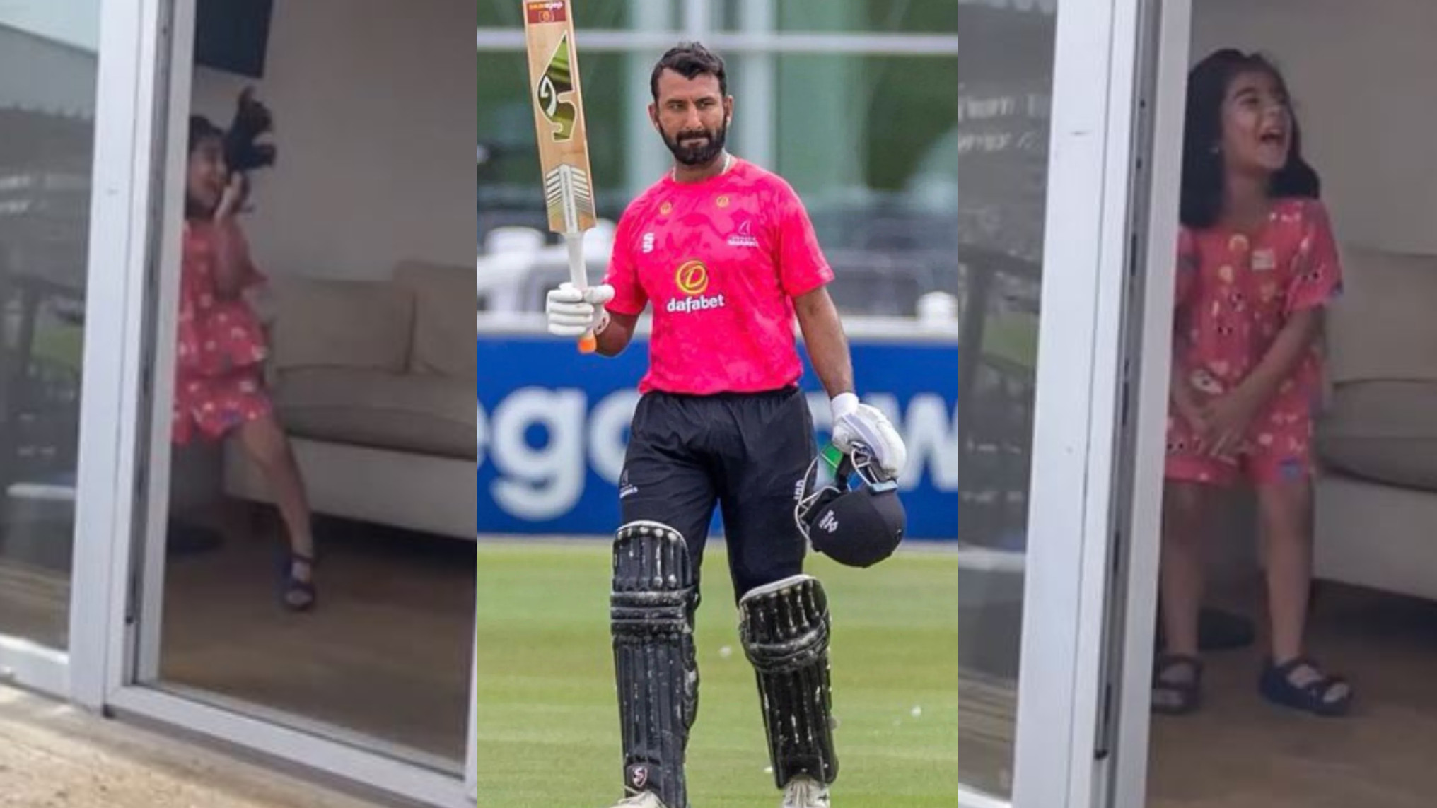 WATCH- Cheteshwar Pujara’s daughter Aditi claps and celebrates after his majestic 174 for Sussex