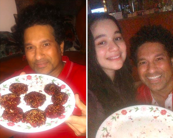 Sachin Tendulkar and Sara pose for a selfie with the beetroot kebabs | Instagram