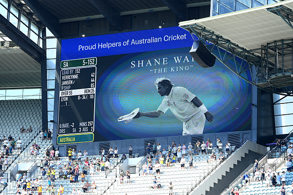 A tribute to Shane Warne is displayed on the scoreboard in the ongoing Boxing Day Test | Getty