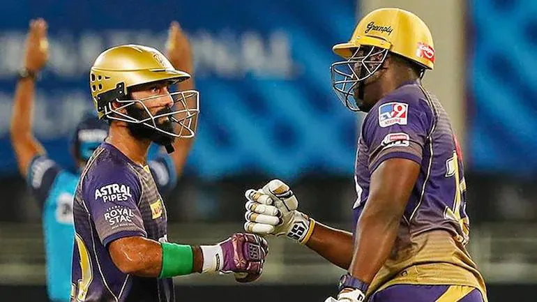 Dinesh Karthik and Andre Russell could only score a solitary boundary between them | BCCI/IPL