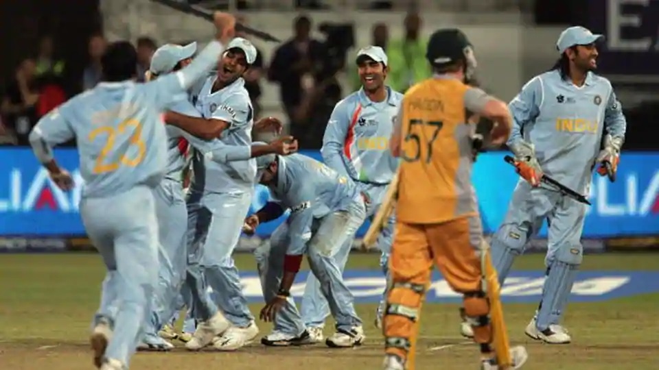 India celebrate a huge win in 2007 World T20 over Aus in SF