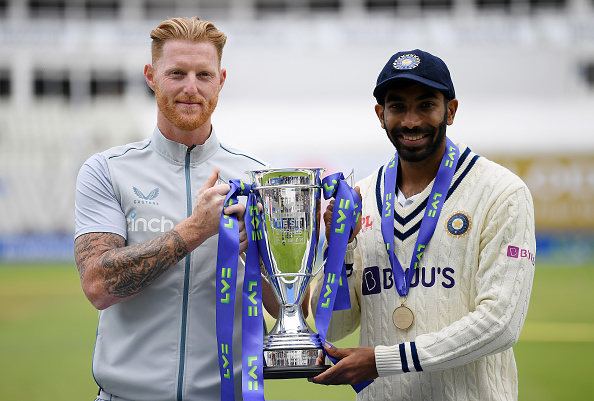 Ben Stokes and Jasprit Bumrah posing with the trophy as the series ended in a draw | Getty