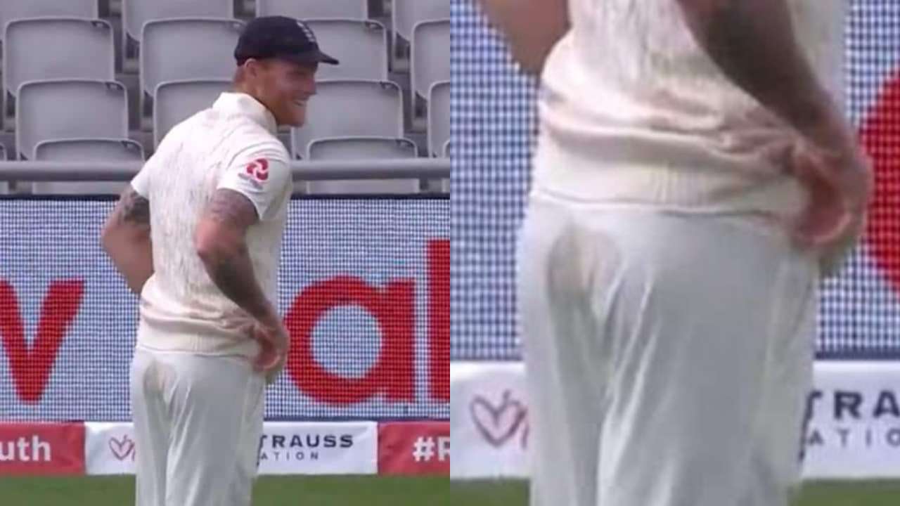 Ben Stokes was seen hiding the brown stains on the back of his trouser | Twitter