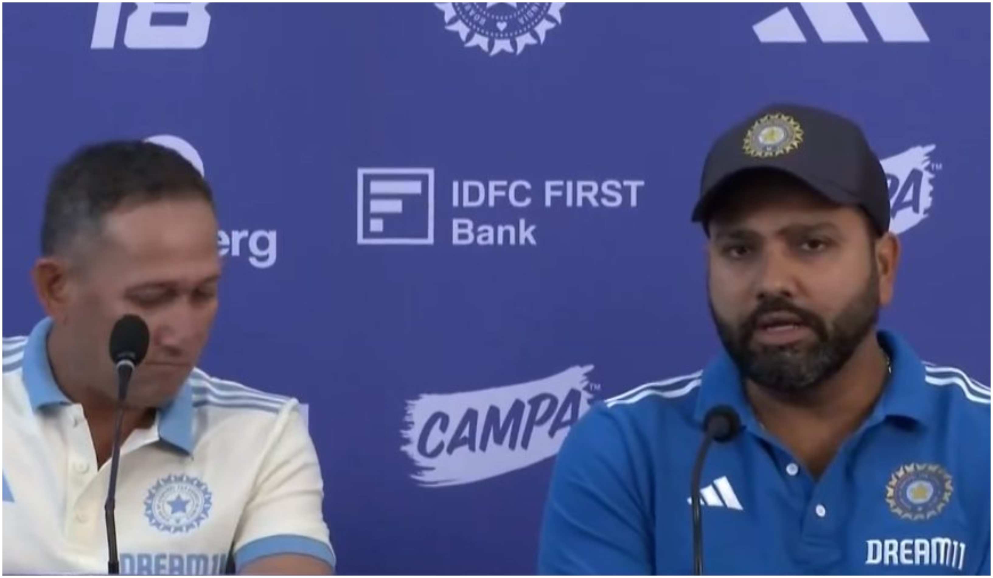 Rohit Sharma and Ajit Agarkar in the squad announcement presser | X