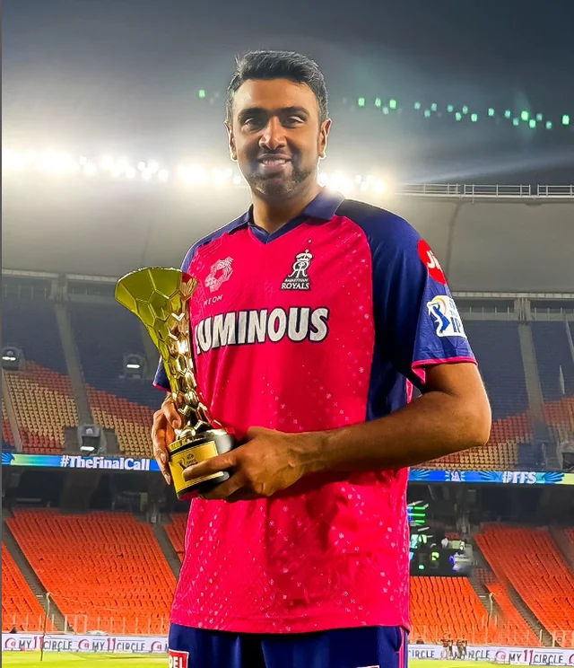 R Ashwin with the Player of the Match trophy after RR's win in Eliminator | IPL-BCCI