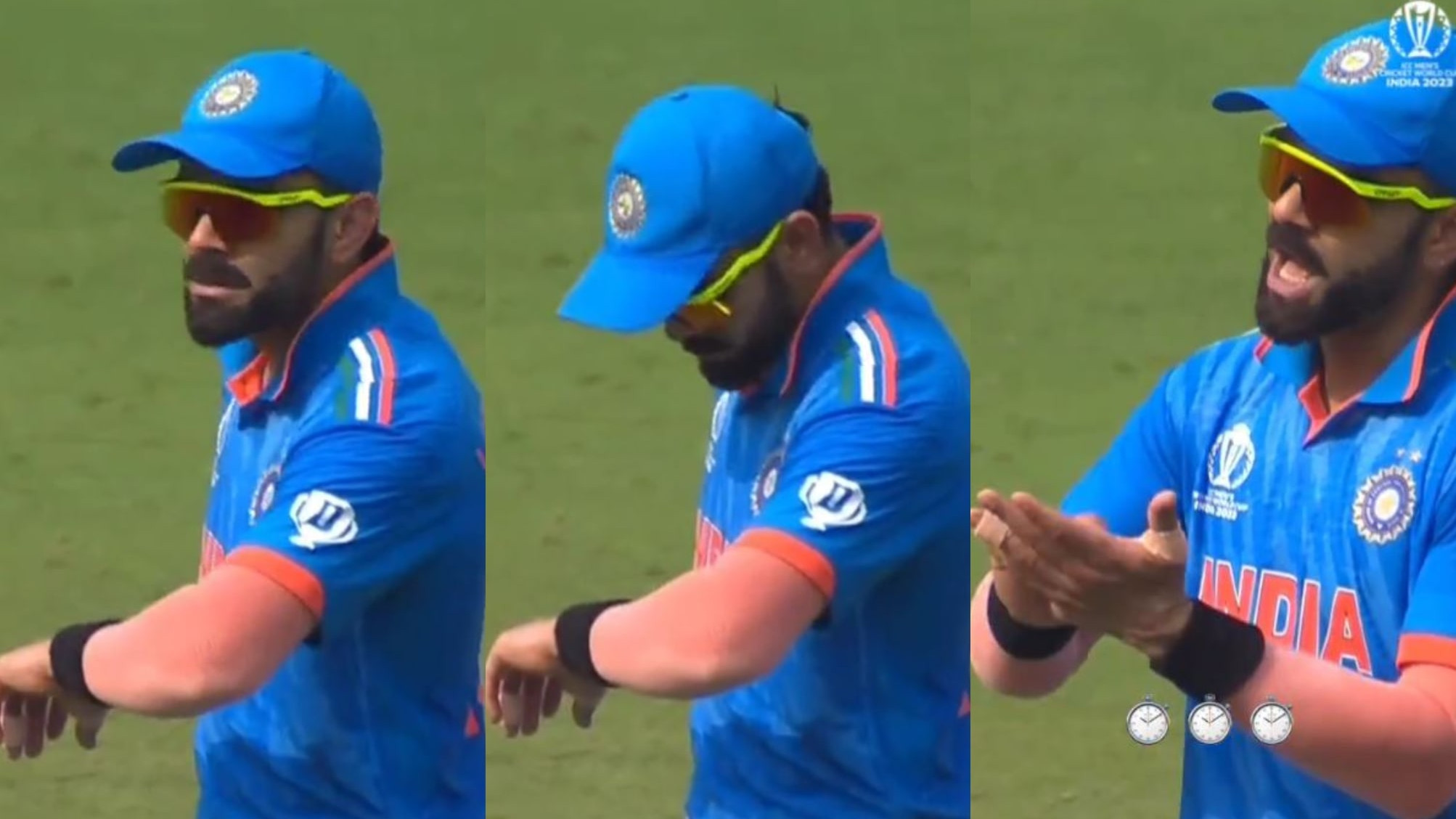 CWC 2023: WATCH- Virat Kohli sarcastically keeps time as Mohammad Rizwan takes his own while to take strike