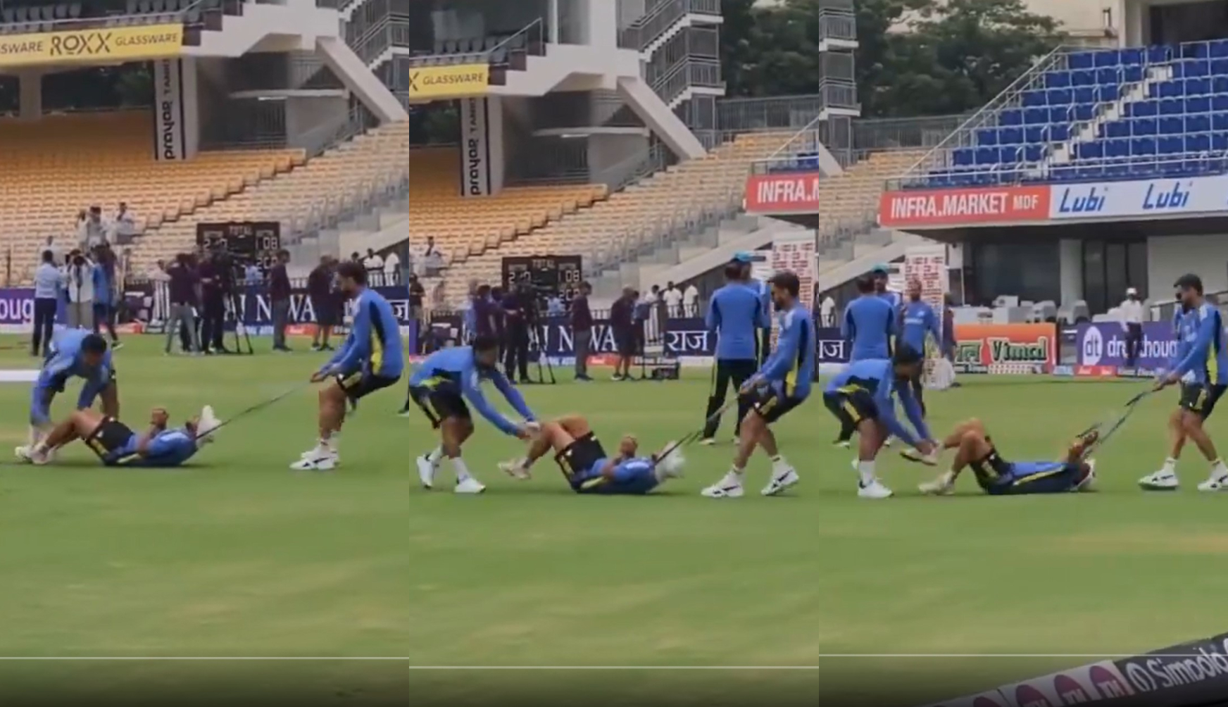 Kuldeep got dragged on the ground by Kohli and Pant during warmups | X