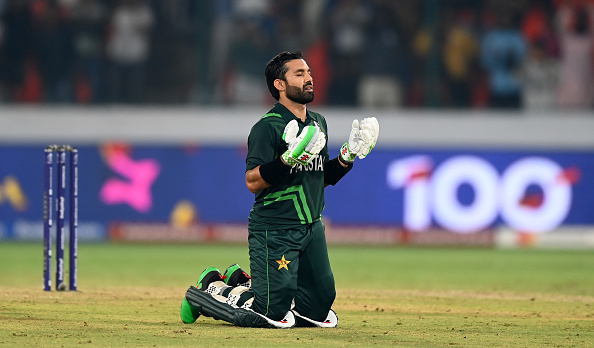 Mohammad Rizwan prays after reaching his century against Sri Lanka | Getty