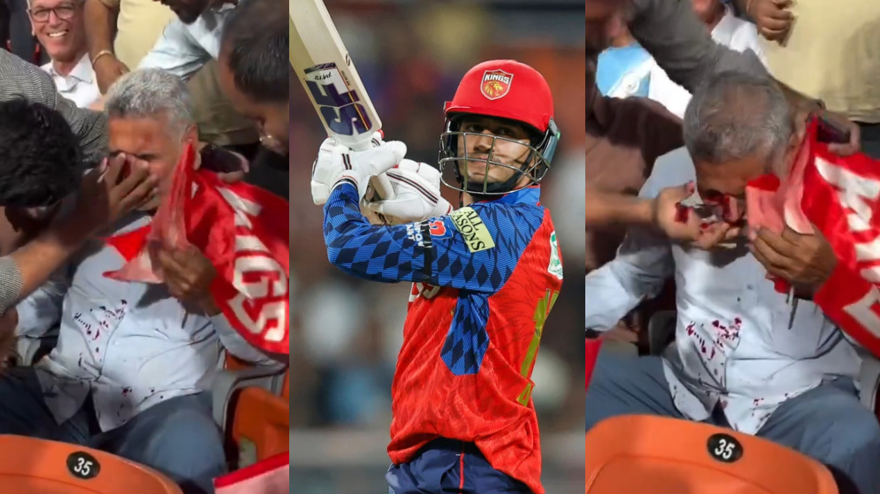 IPL 2026: WATCH- Elderly PBKS fan suffers a bloodied face after getting hit by ball from Priyansh Arya’s six