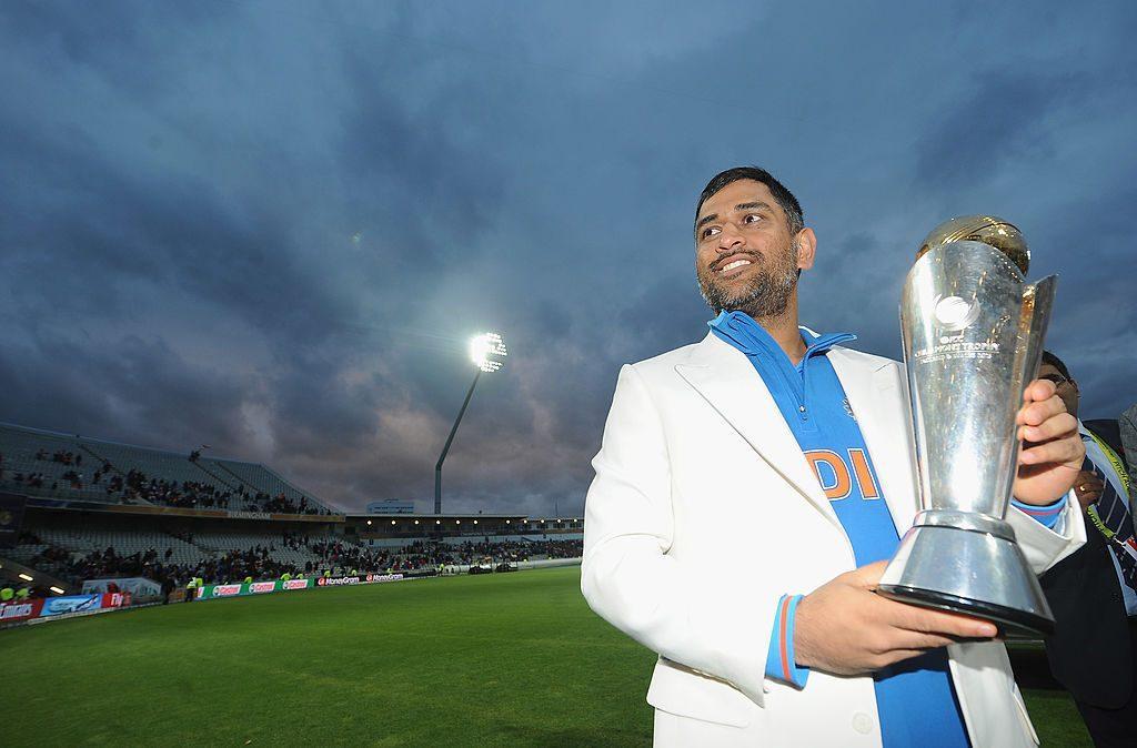 MS Dhoni with ICC Champions Trophy
