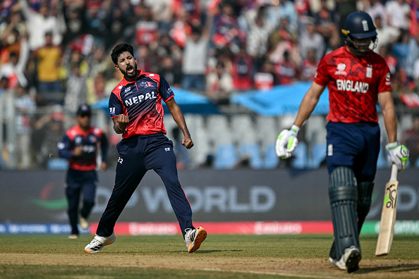 Nepal pacer Nandan Yadav celebrates the wicket of Jos Buttler | Getty