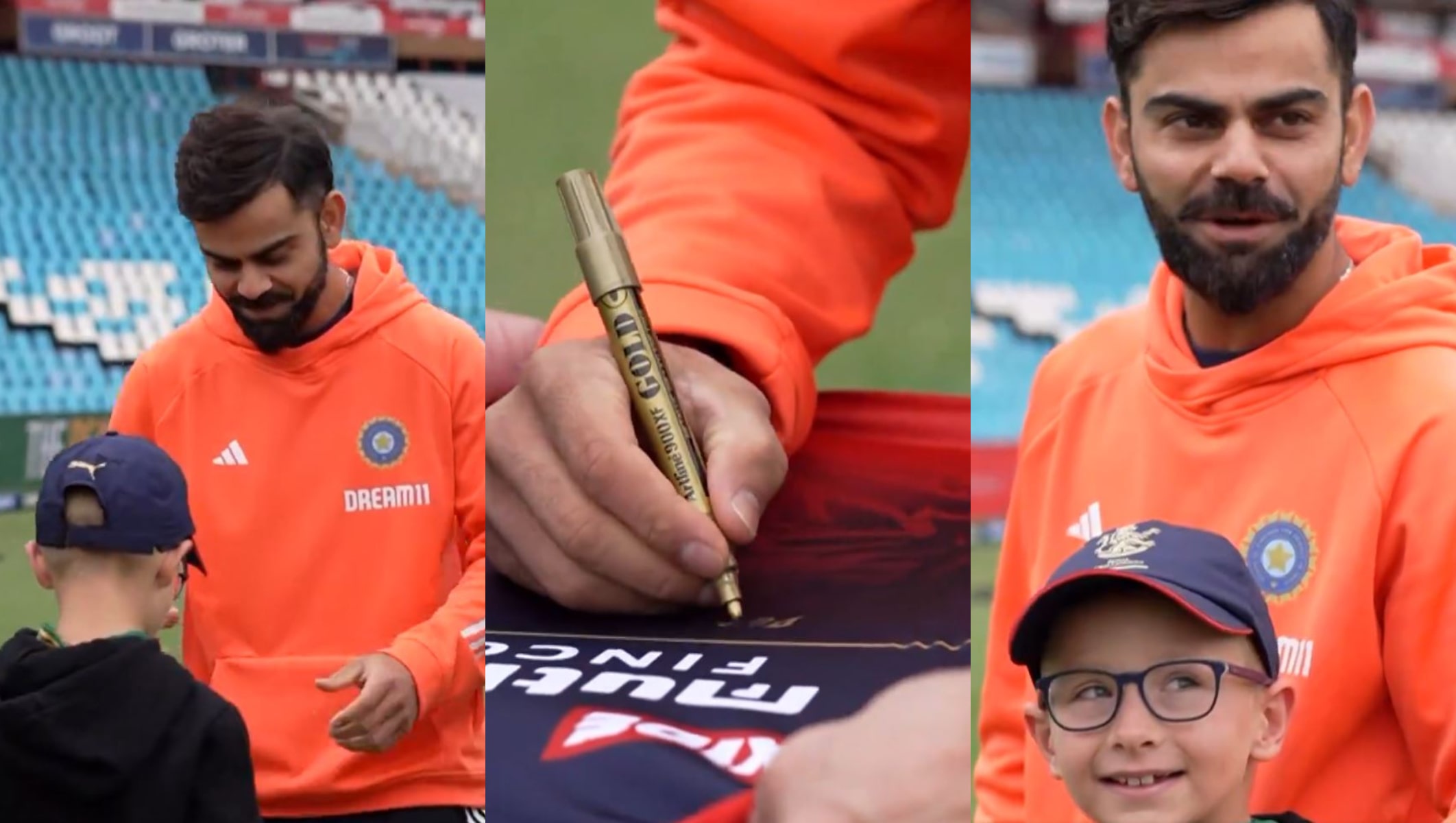 Virat Kohli signs a RCB jersey for a young fan | X