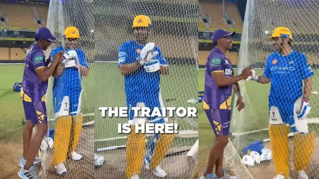IPL 2025: WATCH- “The traitor is here”- MS Dhoni taunts Dwayne Bravo as they meet ahead of CSK v KKR tie