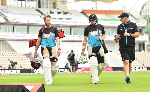 Tom Latham with skipper Kane Williamson and coach Gary Stead | Getty Images