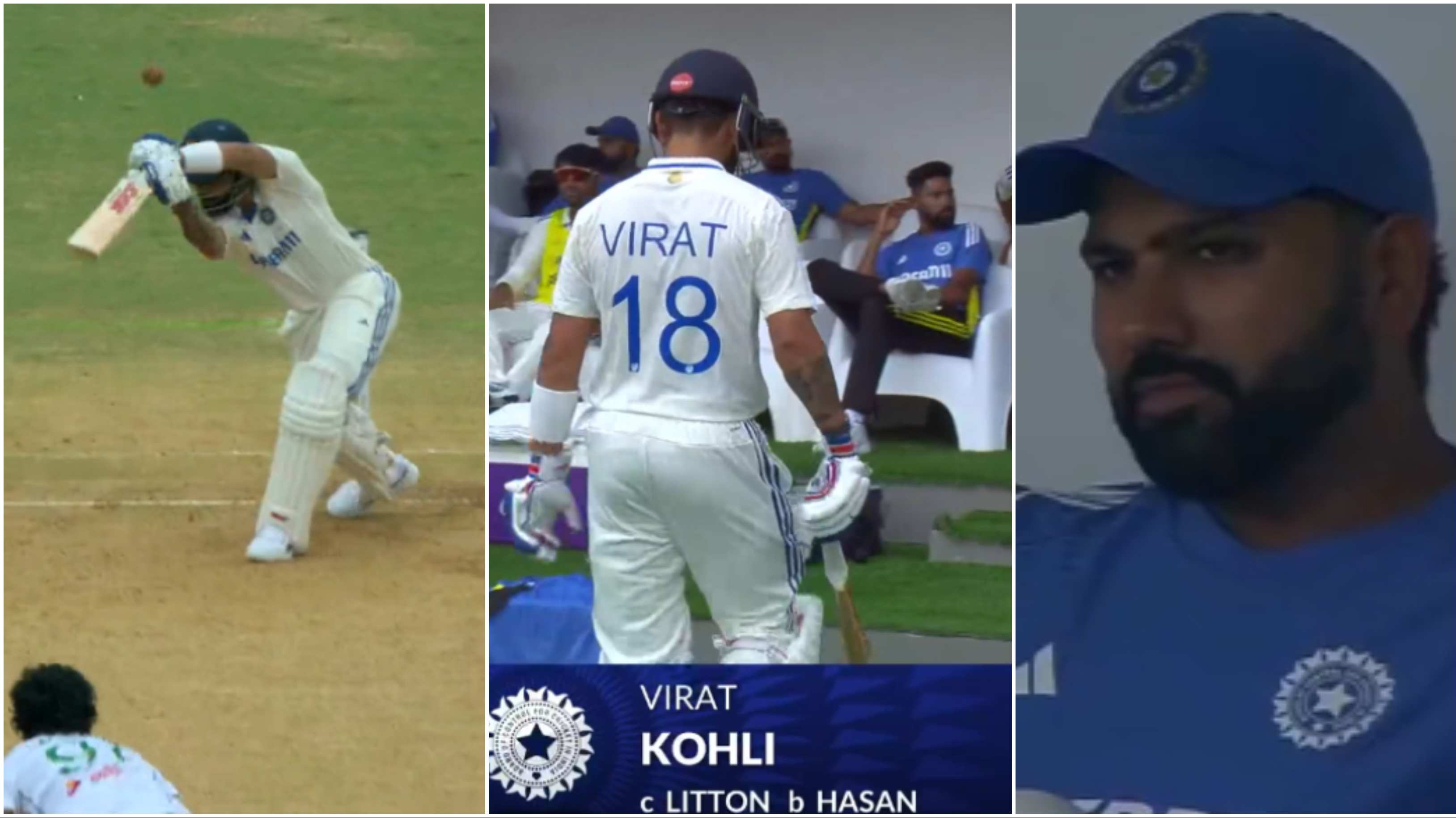 IND v BAN 2024: WATCH – Rohit Sharma visibly disappointed as Virat Kohli falls for just 6 on home Test return